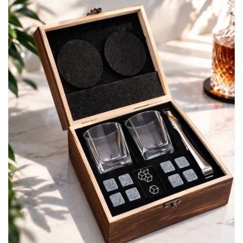 Набір для віскі з каменями в дерев'яній коробці — квадратні склянки + 8 каменів