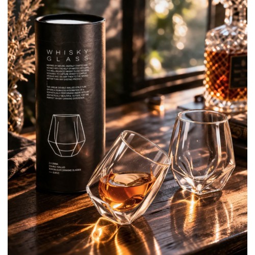 Склянки для віскі з подвійними стінками бочкоподібні 200 мл — 2 шт в тубусі (без напису)