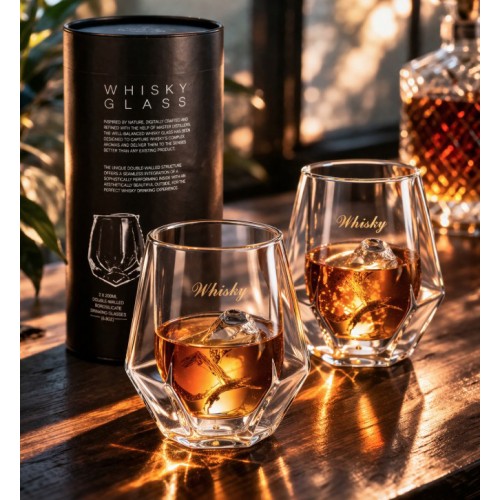 Склянки для віскі з подвійними стінками геометричні 200 мл з написом — 2 шт в тубусі