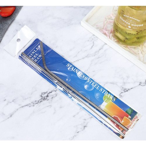 Трубочки з нержавіючої сталі 304, сріблясті 6×215 мм — набір 3-в-1 (пряма, зігнута, щітка)