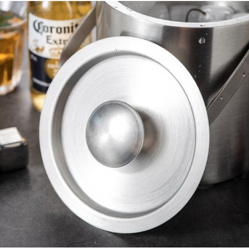 Відерце для льоду 1.3 л з нержавіючої сталі, подвійні стінки, з кришкою та ручкою (14×14 см)