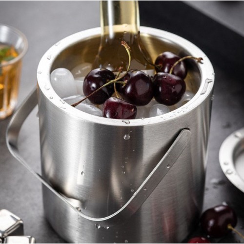 Відерце для льоду 1.3 л з нержавіючої сталі, подвійні стінки, з кришкою та ручкою (14×14 см)