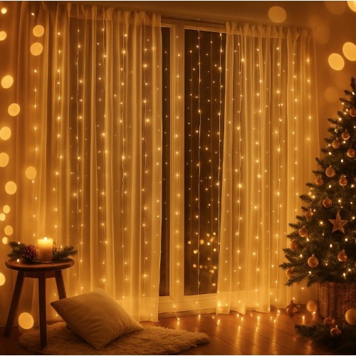 Гірлянда-штора 3×3 м, 300 LED, теплий білий (без гачків)