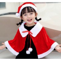 Дитяча різдвяна оксамитова пелерина з капюшоном і помпонами, червона, на зріст 90–140 см