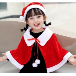 Детская рождественская бархатная пелерина с капюшоном и помпонами, красная, на рост 90–140 см
