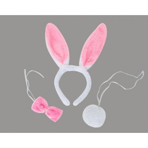 Дитячий карнавальний набір «Зайчик» біло-рожевий: обруч з вушками, бантик і хвостик, 3 предмети