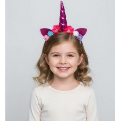 Детский обруч на голову «Единорог» малиновый с блестящим рогом и цветочным декором