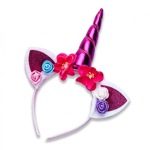 Дитячий обруч на голову «Єдиноріг» малиновий з блискучим рогом і квітковим декором