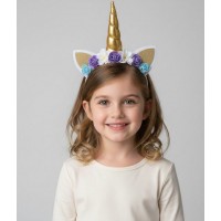 Дитячий обруч на голову «Єдиноріг» із золотистим рогом і квітковим декором, світлий