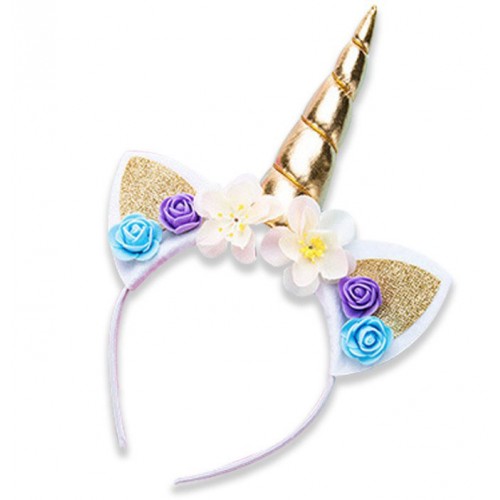 Дитячий обруч на голову «Єдиноріг» із золотистим рогом і квітковим декором, світлий