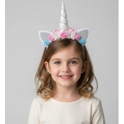 Детский обруч на голову «Единорог» серебристый с рогом и цветочным декором
