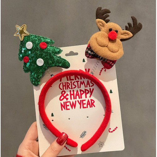 Новорічний обруч «Ялинка з паєтками та олень» червоний, святковий аксесуар для волосся