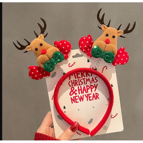 Новорічний обруч «Олені з бантиками» червоний, різдвяний аксесуар на голову