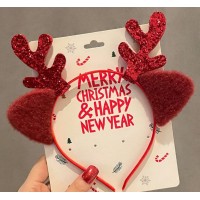 Новий рік обруч на голову з блискучими оленячими ріжками та м'якими вушками, бордовий