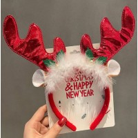 Новогодний обруч с большими красными оленьими рожками и пушистой отделкой