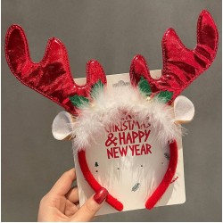 Новогодний обруч с большими красными оленьими рожками и пушистой отделкой