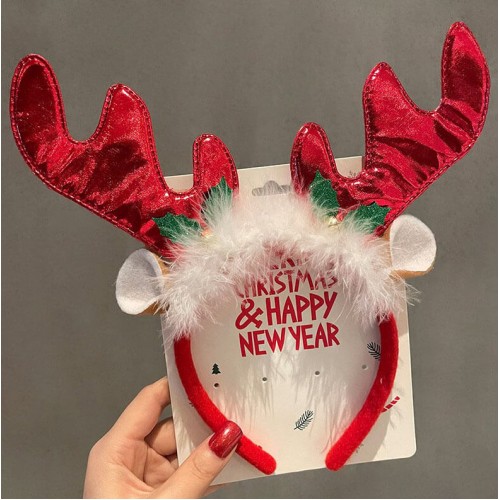 Новогодний обруч с большими красными оленьими рожками и пушистой отделкой