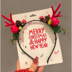 Новорічний обруч з червоними оленячими ріжками, шишками та ягодами, чорний