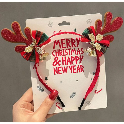 Новогодний обруч с оленьими рожками, бантиками и колокольчиками, красный