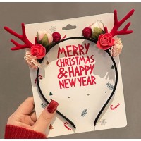 Новогодний обруч с оленьими рожками и цветочным декором, коричневый