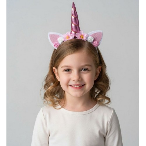 Обруч на голову «Єдиноріг» рожевий з вушками та рогом, дитячий, декор квіти та трояндочки