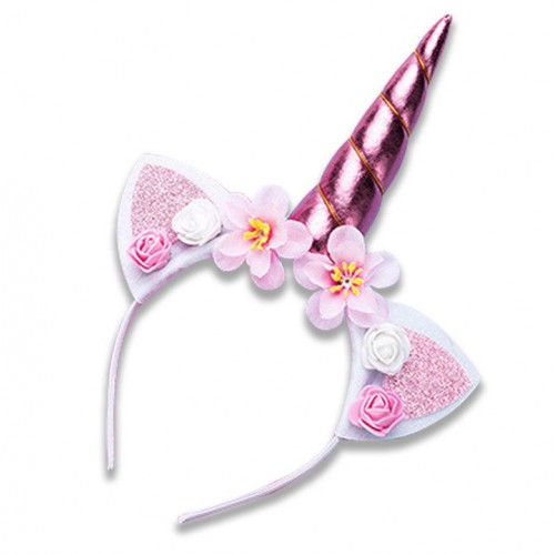 Обруч на голову «Єдиноріг» рожевий з вушками та рогом, дитячий, декор квіти та трояндочки