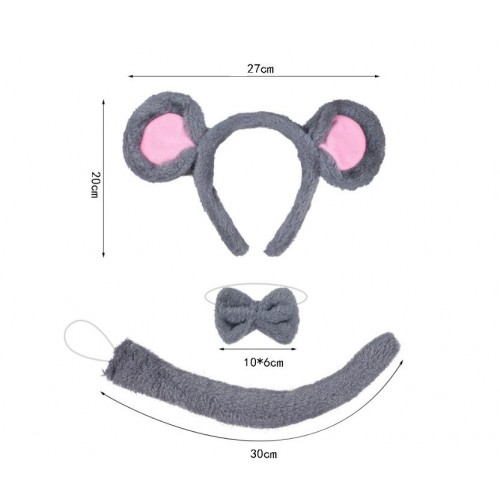 Плюшевий карнавальний набір «Мишка» сірий: обруч з вушками, бантик і хвіст, 3 предмети