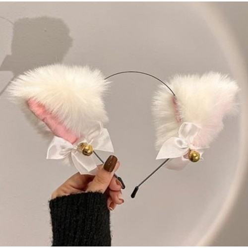 Плюшевий обруч «Білі котячі вушка»: пухнасті вушка з бантиками та дзвіночками