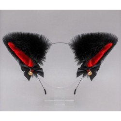 Плюшевий обруч «Чорні котячі вушка з червоною вставкою»: бантики та дзвіночки, 25×8×11 см