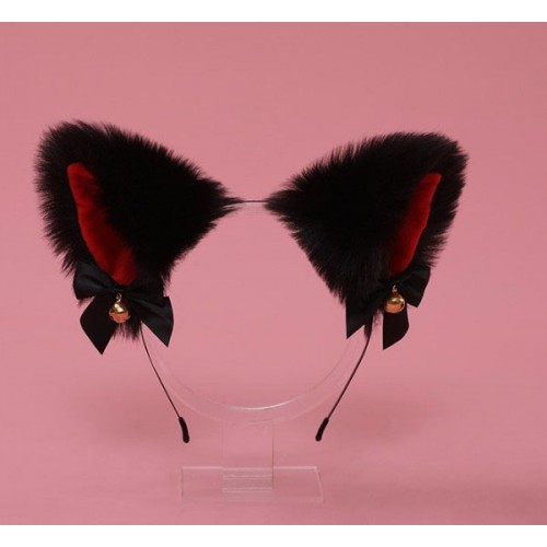 Плюшевий обруч «Чорні котячі вушка з червоною вставкою»: бантики та дзвіночки, 25×8×11 см