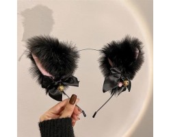 Плюшевий обруч «Чорні котячі вушка»: пухнасті вушка з бантиками та дзвіночками