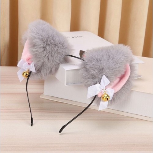 Плюшевий обруч «Світло-сірі котячі вушка»: пухнастий аксесуар з бантиками та дзвіночками