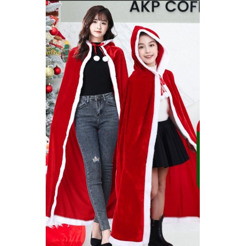 Різдвяний червоний оксамитовий плащ-накидка з капюшоном дитячий, довгий ворс, довжина 100 см