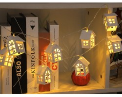 Світлодіодна гірлянда з дерев'яними будиночками «Білі будиночки» 2 м, 10 LED, теплий білий, USB, великі будиночки