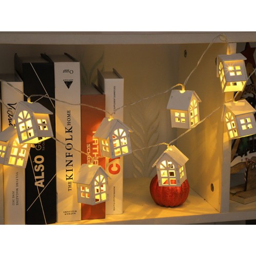 Світлодіодна гірлянда з дерев'яними будиночками «Білі будиночки» 2 м, 10 LED, теплий білий, USB, великі будиночки