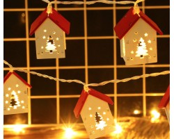 Світлодіодна гірлянда з дерев'яними будиночками «Ялинка» 2 м, 10 LED, теплий білий, на батарейках