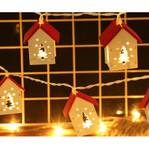 Світлодіодна гірлянда з дерев'яними будиночками «Ялинка» 2 м, 10 LED, теплий білий, на батарейках
