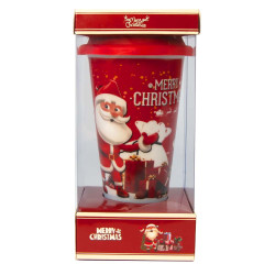 Чашка склянка Новорічна з силіконовою кришкою 72513 Санта з подарунками (червона)