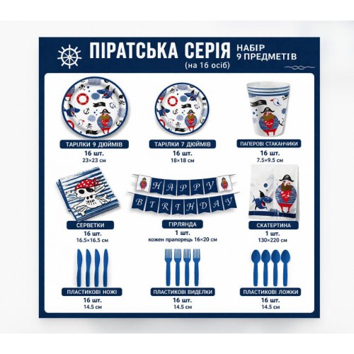 Піратський набір для свята посуд 9 предметів на 16 осіб