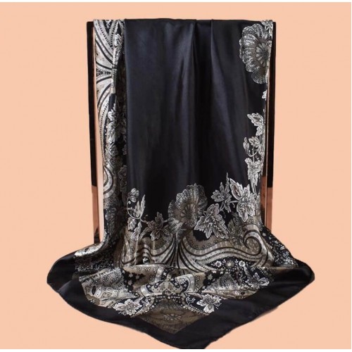 Шовкова жіноча хустка чорного-сірого кольору 90x90 з візерунком пейсли