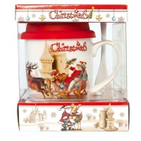 Набор Новогодний чашка с ложкой и силиконовой крышкой 592B2 Санта в санях (белый)